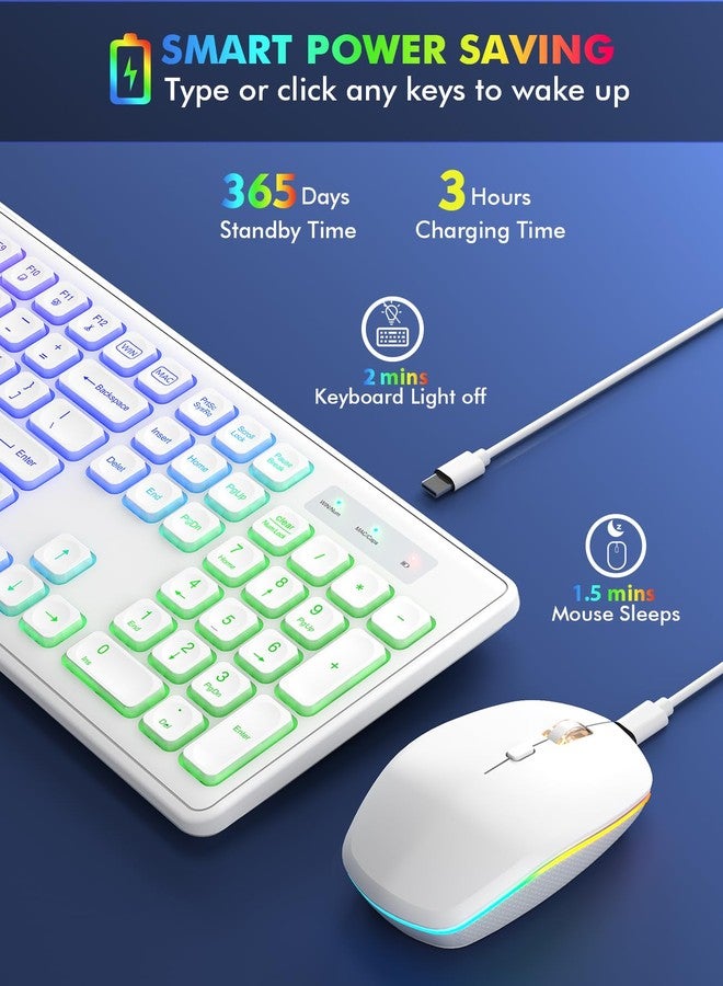 Trueque Wireless Keyboard and Mouse - RGB Backlit, Rechargeable & Light Up Letters, Full-Size, Ergonomic Tilt Angle, Sleep Mode, 2.4GHz Quiet Keyboard Mouse for Mac, Windows, Laptop, PC, Trueque(White) - Image 3